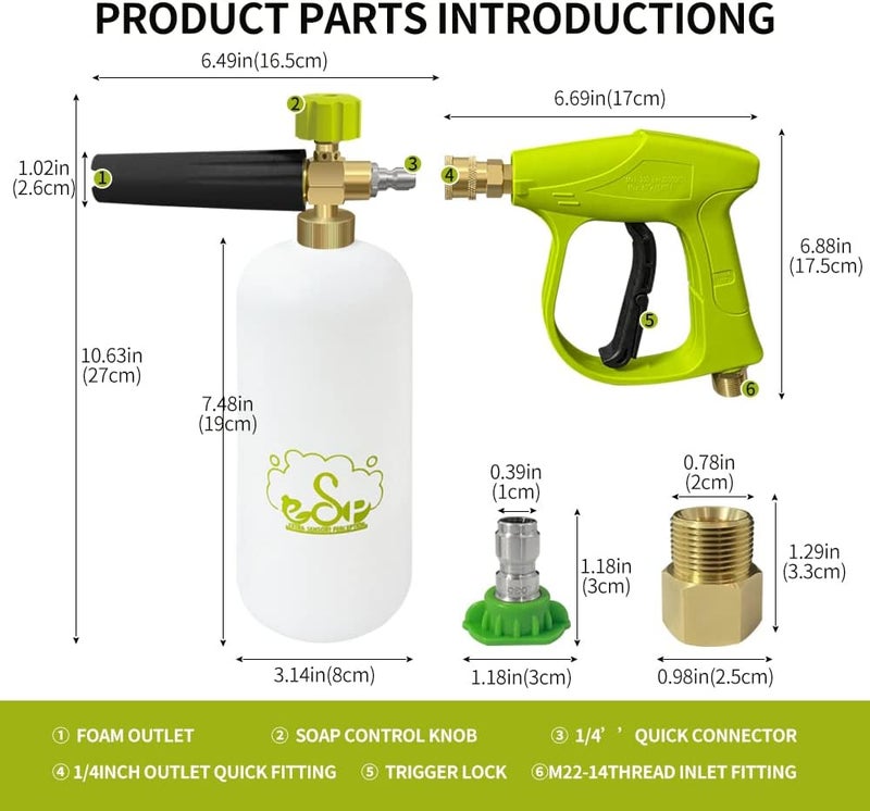 ESP EXTRA-SENSORY PERCEPTION ESP Car Wash Foam Gun High Pressure Car Washer Household Water Gun Foam Generator Washing Blaster 5 Nozzle Tip M22 Adapter with 1 Liter Bottle Washing Mitts Towel - Image 2